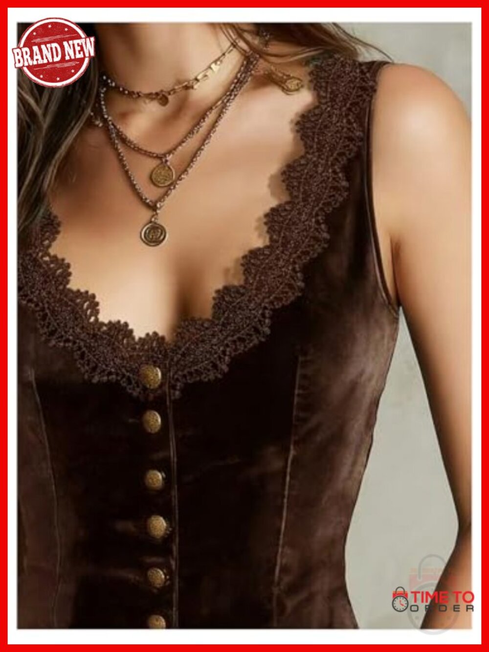 Lace Button Down Tank Top Sleeveless V Neck Fitted Velvet Vest - Picture 4 of 4